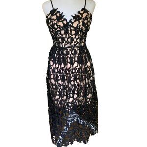 Self-Portrait? Black Sleeveless Cocktail Dress with Crochet Overlay Small (2-4)
